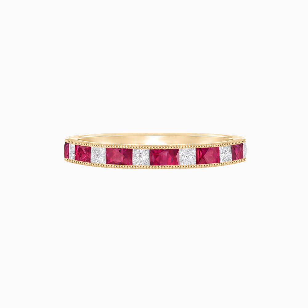 Crimson Edge – Ruby and Princess Diamond Half Band in 14K Yellow Gold - Shahin Jewelry