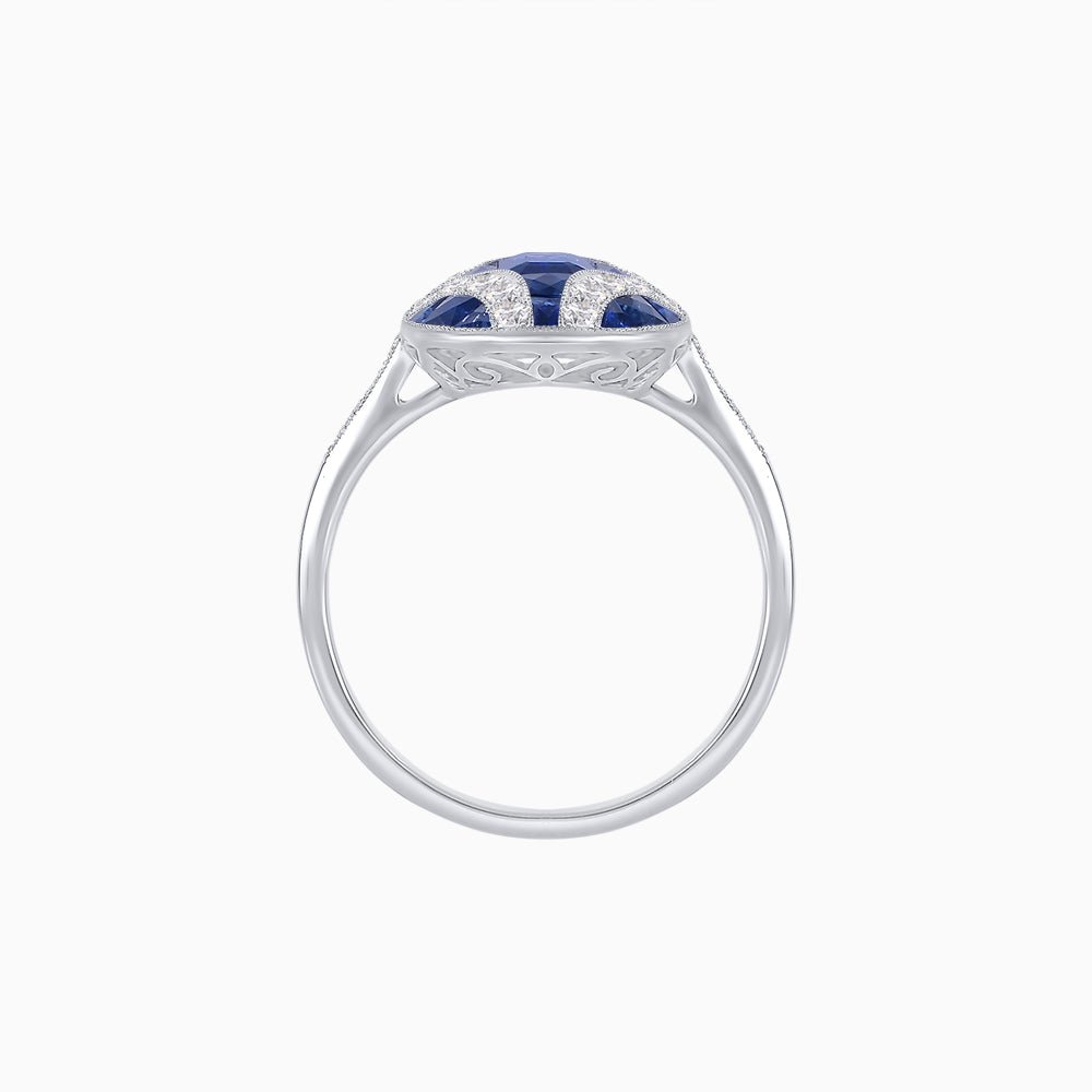 Cushion Geometric Art Deco Inspired Ring with French - Cut Gemstones Cushion - shaped setting | French - cut gemstone inlay | Diamond - accented geometric design - Shahin Jewelry
