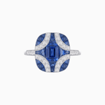Load image into Gallery viewer, Cushion Geometric Art Deco Inspired Ring with French - Cut Gemstones Cushion - shaped setting | French - cut gemstone inlay | Diamond - accented geometric design - Shahin Jewelry
