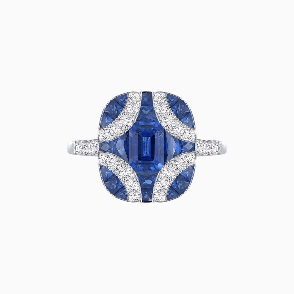Cushion Geometric Art Deco Inspired Ring with French - Cut Gemstones Cushion - shaped setting | French - cut gemstone inlay | Diamond - accented geometric design - Shahin Jewelry