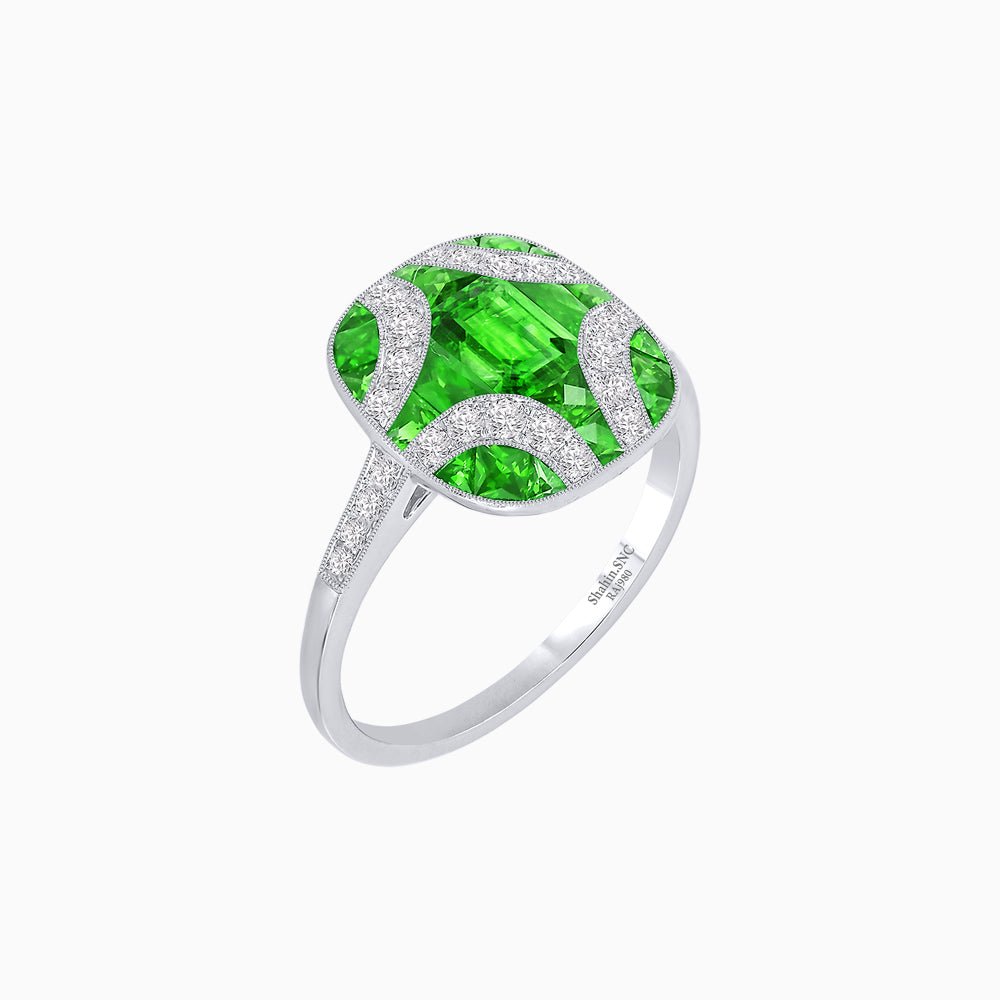 Cushion Geometric Art Deco Inspired Ring with French - Cut Gemstones Cushion - shaped setting | French - cut gemstone inlay | Diamond - accented geometric design - Shahin Jewelry