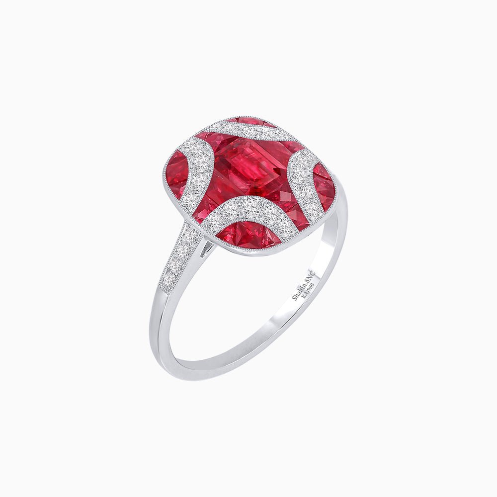 Cushion Geometric Art Deco Inspired Ring with French - Cut Gemstones Cushion - shaped setting | French - cut gemstone inlay | Diamond - accented geometric design - Shahin Jewelry
