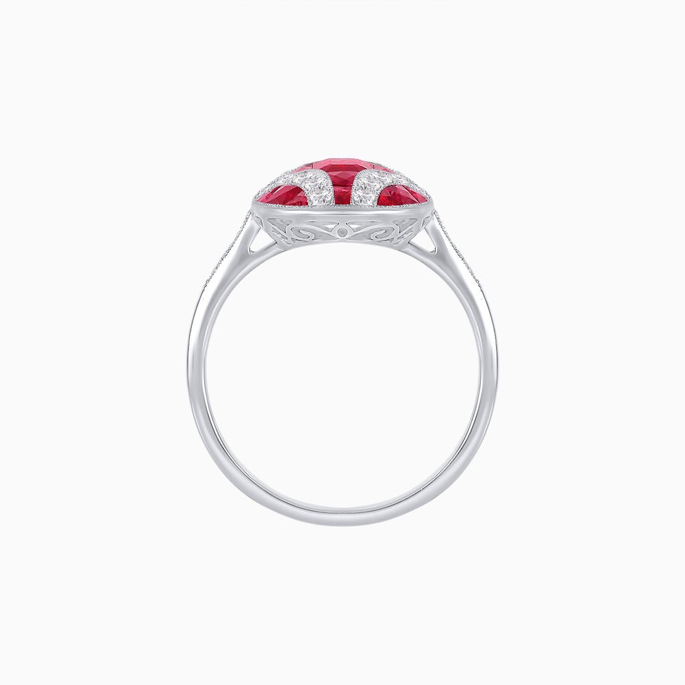Cushion Geometric Art Deco Inspired Ring with French - Cut Gemstones Cushion - shaped setting | French - cut gemstone inlay | Diamond - accented geometric design - Shahin Jewelry