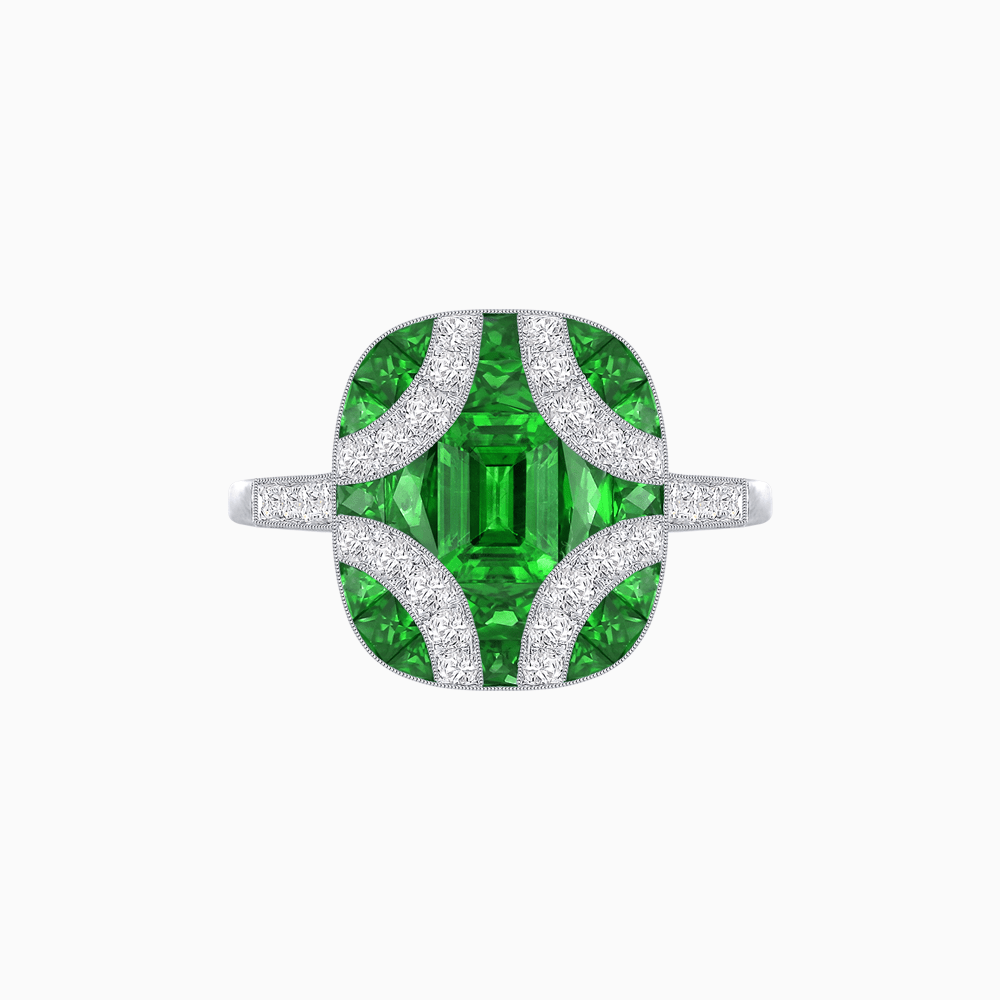 Cushion Geometric Art Deco Inspired Ring with French - Cut Gemstones Cushion - shaped setting | French - cut gemstone inlay | Diamond - accented geometric design - Shahin Jewelry