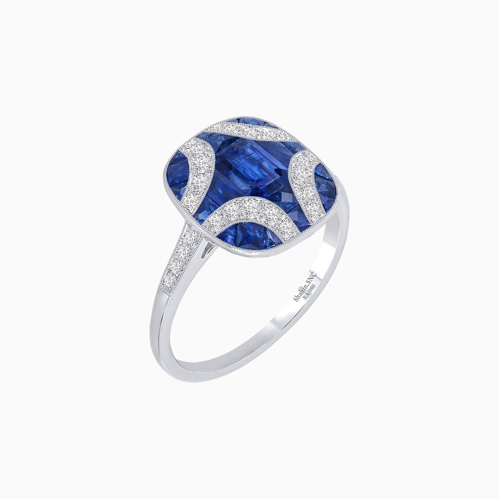 Cushion Geometric Art Deco Inspired Ring with French - Cut Gemstones Cushion - shaped setting | French - cut gemstone inlay | Diamond - accented geometric design - Shahin Jewelry