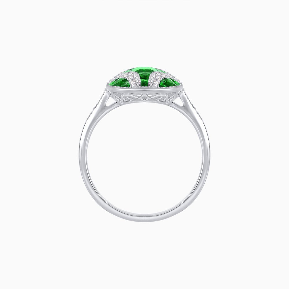 Cushion Geometric Art Deco Inspired Ring with French - Cut Gemstones Cushion - shaped setting | French - cut gemstone inlay | Diamond - accented geometric design - Shahin Jewelry