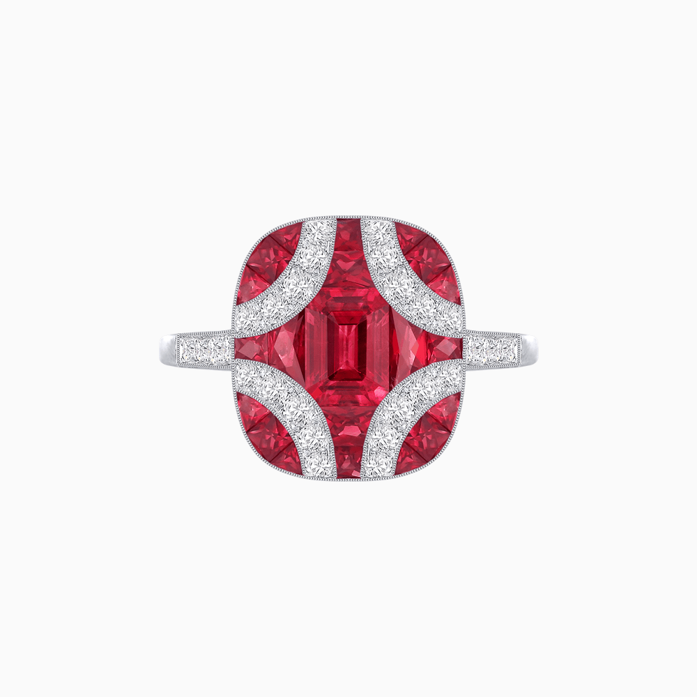 Cushion Geometric Art Deco Inspired Ring with French - Cut Gemstones Cushion - shaped setting | French - cut gemstone inlay | Diamond - accented geometric design - Shahin Jewelry