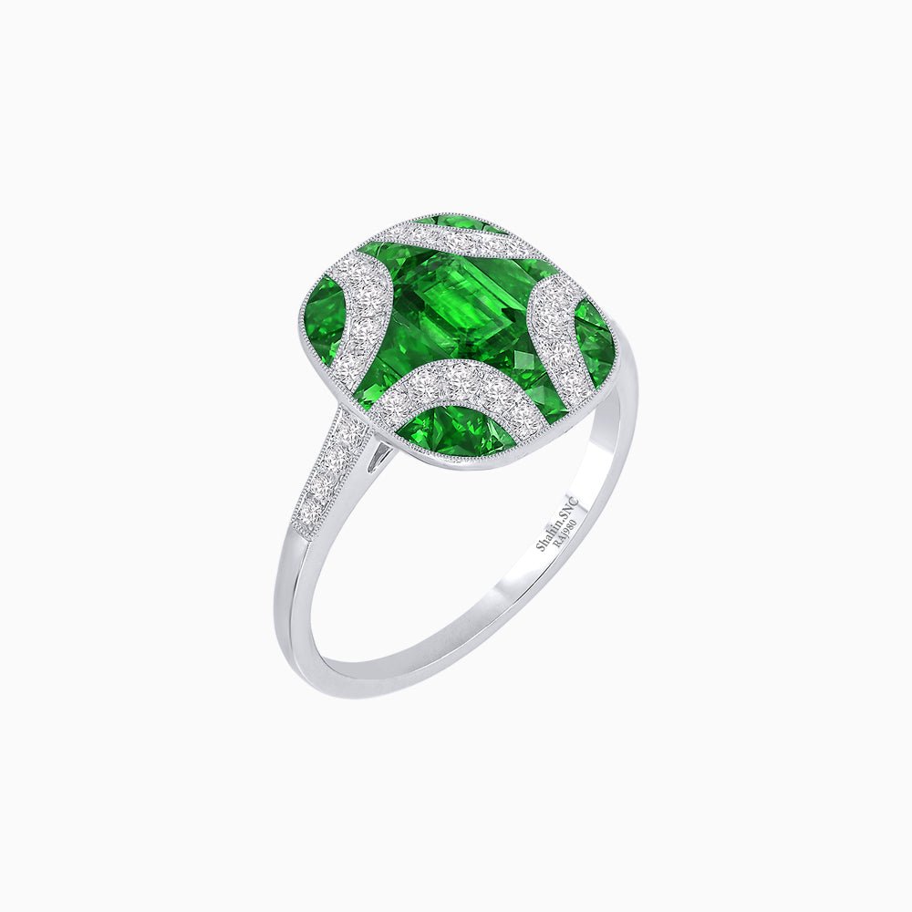 Cushion Geometric Art Deco Inspired Ring with French - Cut Gemstones Cushion - shaped setting | French - cut gemstone inlay | Diamond - accented geometric design - Shahin Jewelry