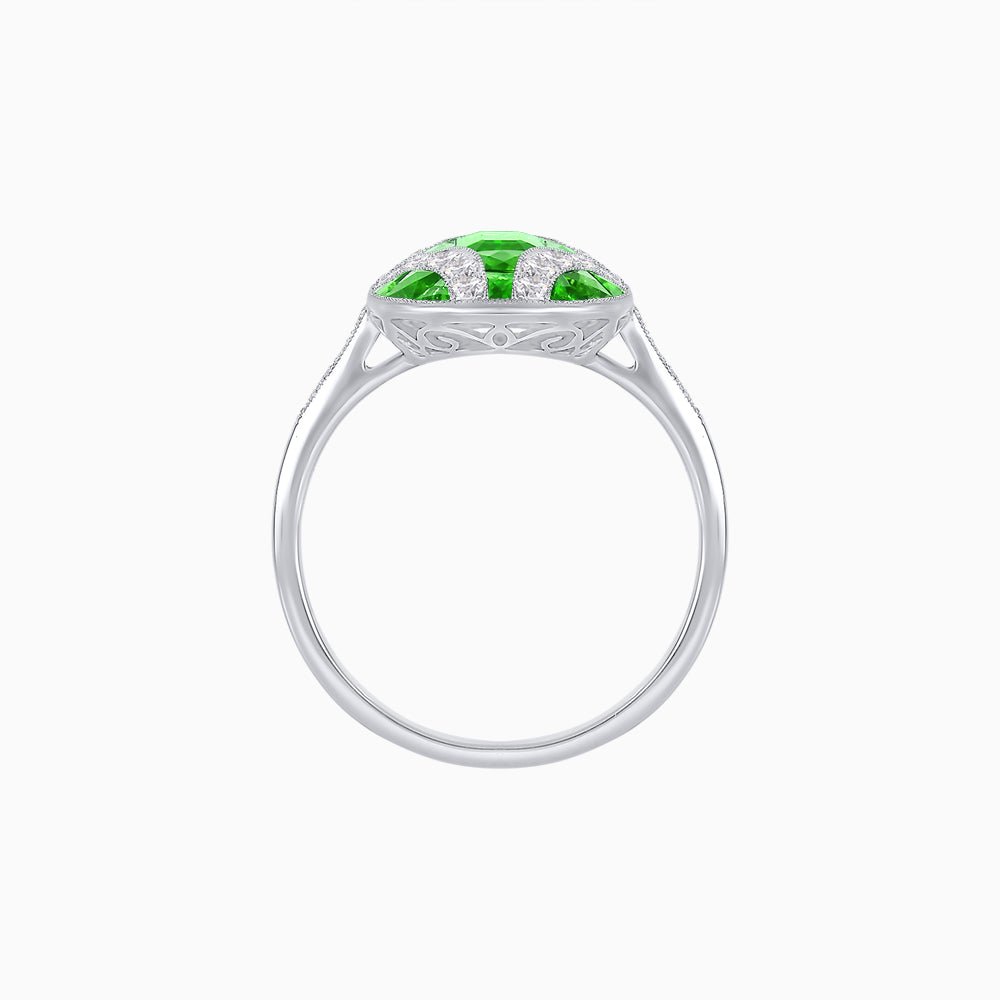 Cushion Geometric Art Deco Inspired Ring with French - Cut Gemstones Cushion - shaped setting | French - cut gemstone inlay | Diamond - accented geometric design - Shahin Jewelry