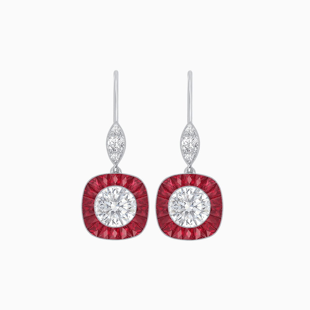 Cushion Halo Drop Earrings with Diamond and Gemstone | Mounting - Shahin Jewelry