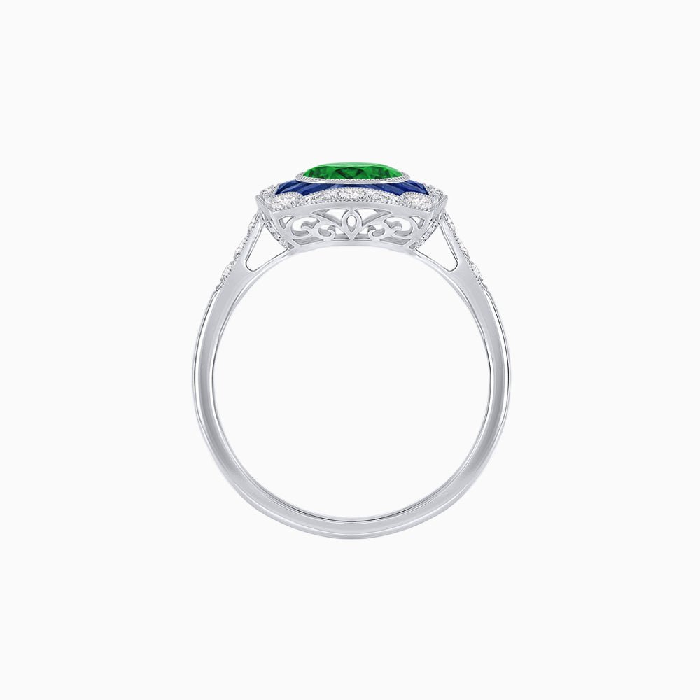 Cushion Shape Art Deco Inspired Halo Ring with Diamond and Gemstone - Shahin Jewelry