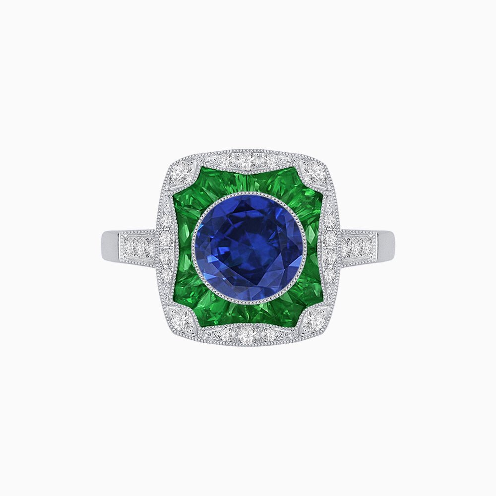 Cushion Shape Art Deco Inspired Halo Ring with Diamond and Gemstone - Shahin Jewelry