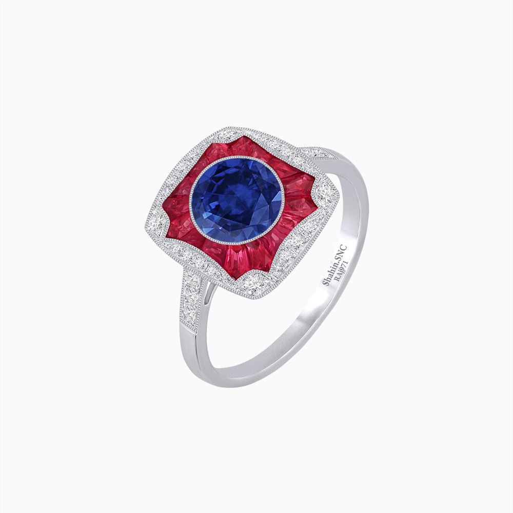 Cushion Shape Art Deco Inspired Halo Ring with Diamond and Gemstone - Shahin Jewelry