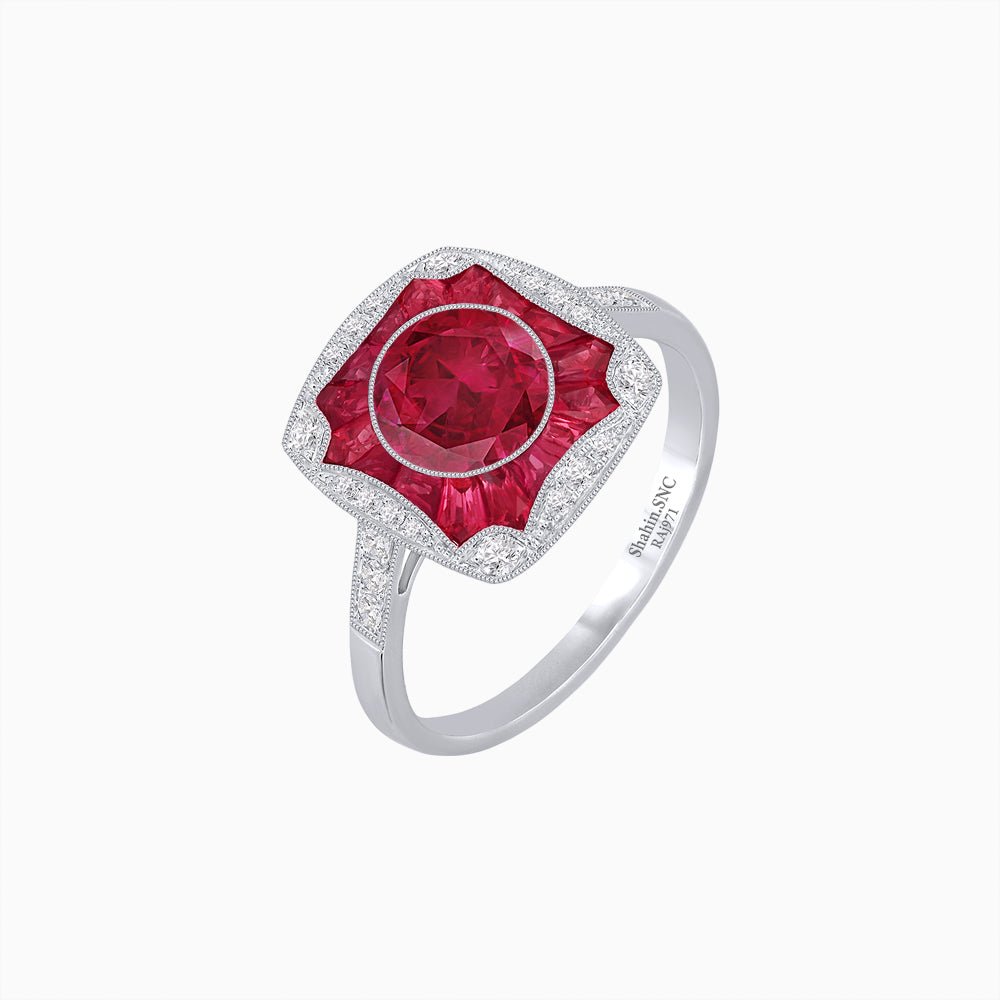 Cushion Shape Art Deco Inspired Halo Ring with Diamond and Gemstone - Shahin Jewelry