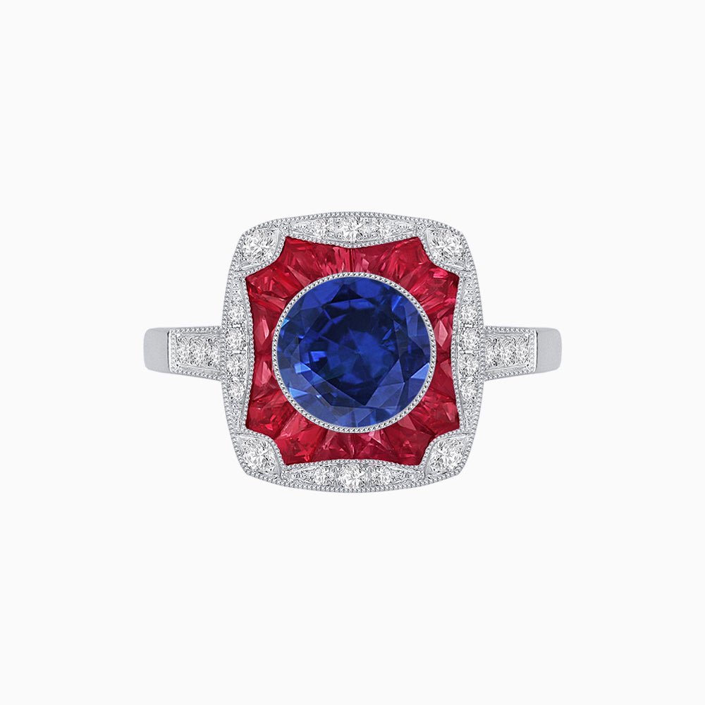 Cushion Shape Art Deco Inspired Halo Ring with Diamond and Gemstone - Shahin Jewelry