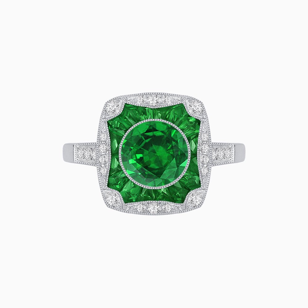 Cushion Shape Art Deco Inspired Halo Ring with Diamond and Gemstone - Shahin Jewelry
