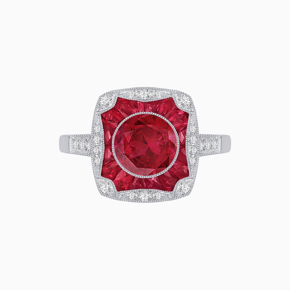 Cushion Shape Art Deco Inspired Halo Ring with Diamond and Gemstone - Shahin Jewelry