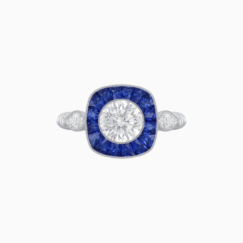 Delicate Art Deco Inspired Sapphire Target Halo Ring with Sculpted Shank - Shahin Jewelry