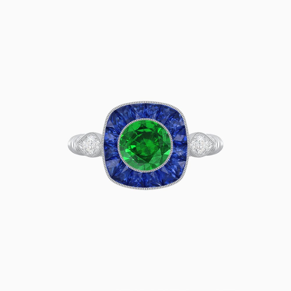 Delicate Art Deco Inspired Sapphire Target Halo Ring with Sculpted Shank - Shahin Jewelry