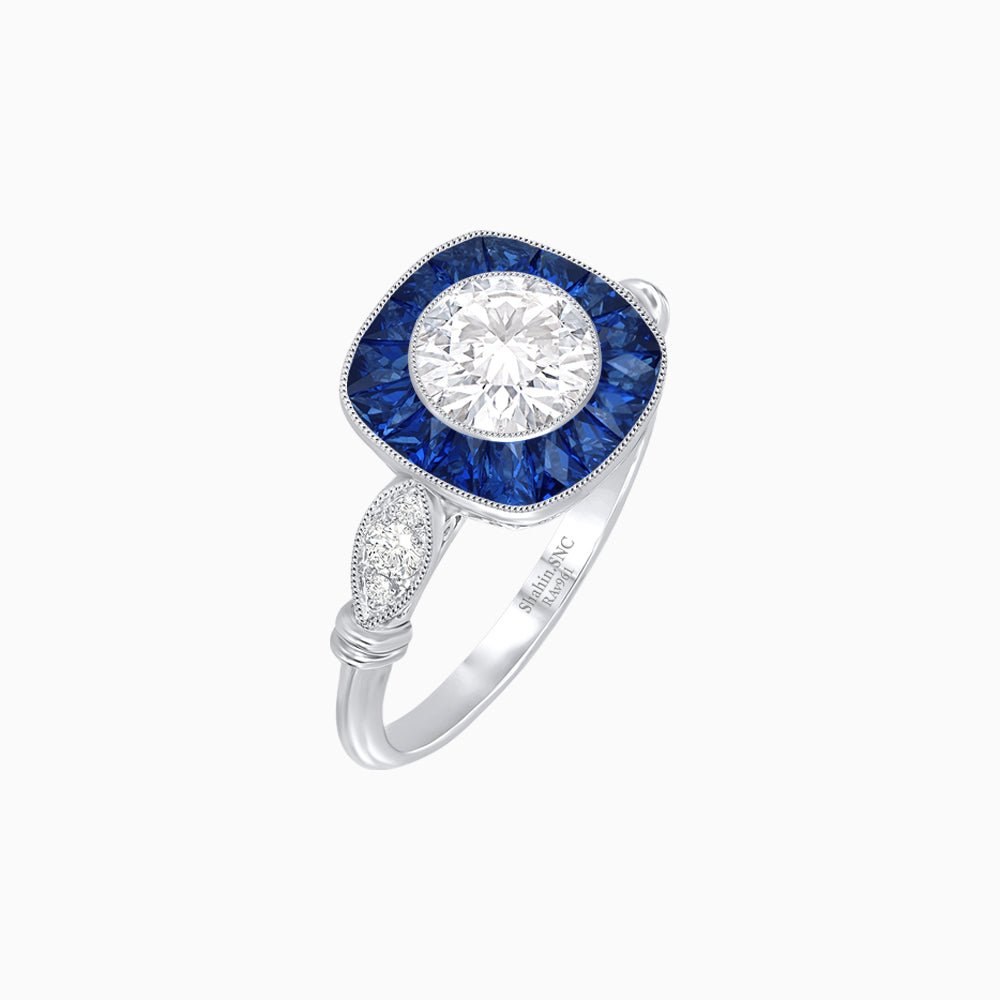 Delicate Art Deco Inspired Sapphire Target Halo Ring with Sculpted Shank - Shahin Jewelry