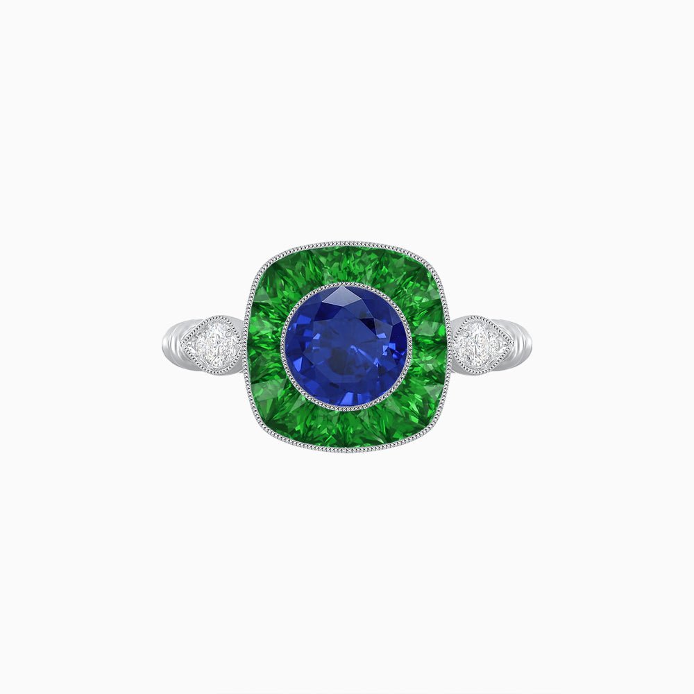 Delicate Art Deco Inspired Sapphire Target Halo Ring with Sculpted Shank - Shahin Jewelry