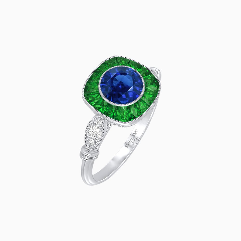 Delicate Art Deco Inspired Sapphire Target Halo Ring with Sculpted Shank - Shahin Jewelry
