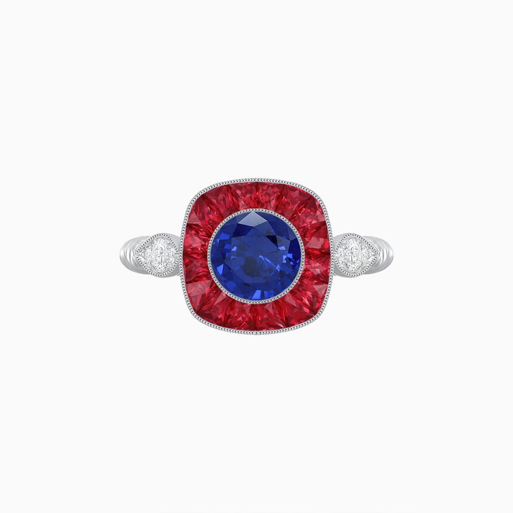 Delicate Art Deco Inspired Sapphire Target Halo Ring with Sculpted Shank - Shahin Jewelry