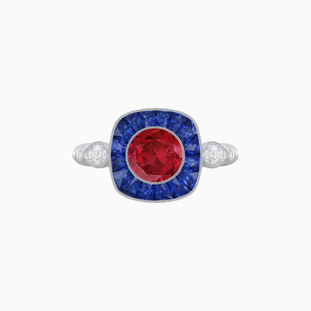 Delicate Art Deco Inspired Sapphire Target Halo Ring with Sculpted Shank - Shahin Jewelry