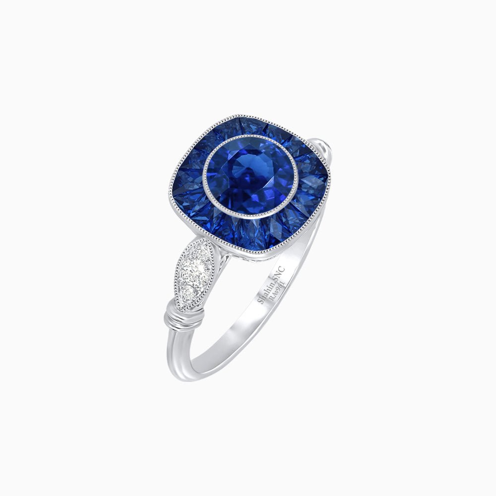 Delicate Art Deco Inspired Sapphire Target Halo Ring with Sculpted Shank - Shahin Jewelry