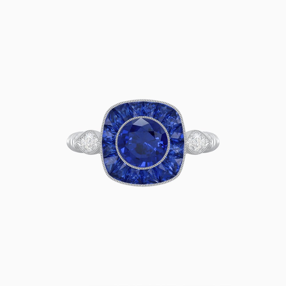 Delicate Art Deco Inspired Sapphire Target Halo Ring with Sculpted Shank - Shahin Jewelry