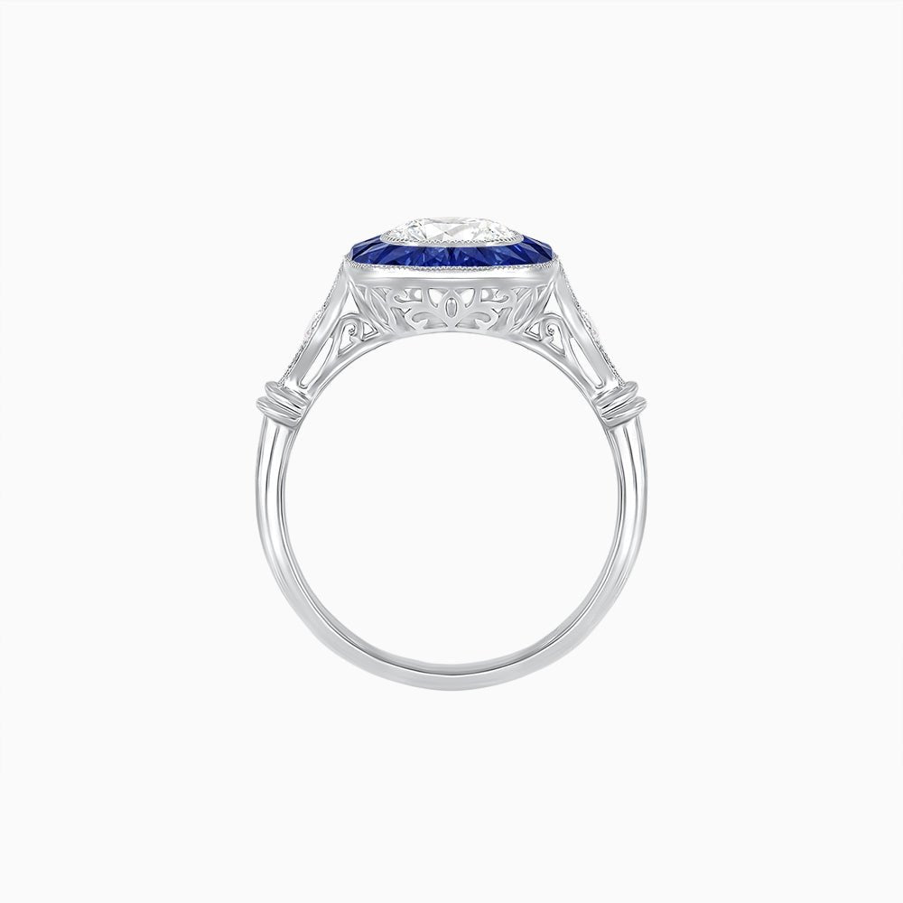 Delicate Art Deco Inspired Sapphire Target Halo Ring with Sculpted Shank - Shahin Jewelry
