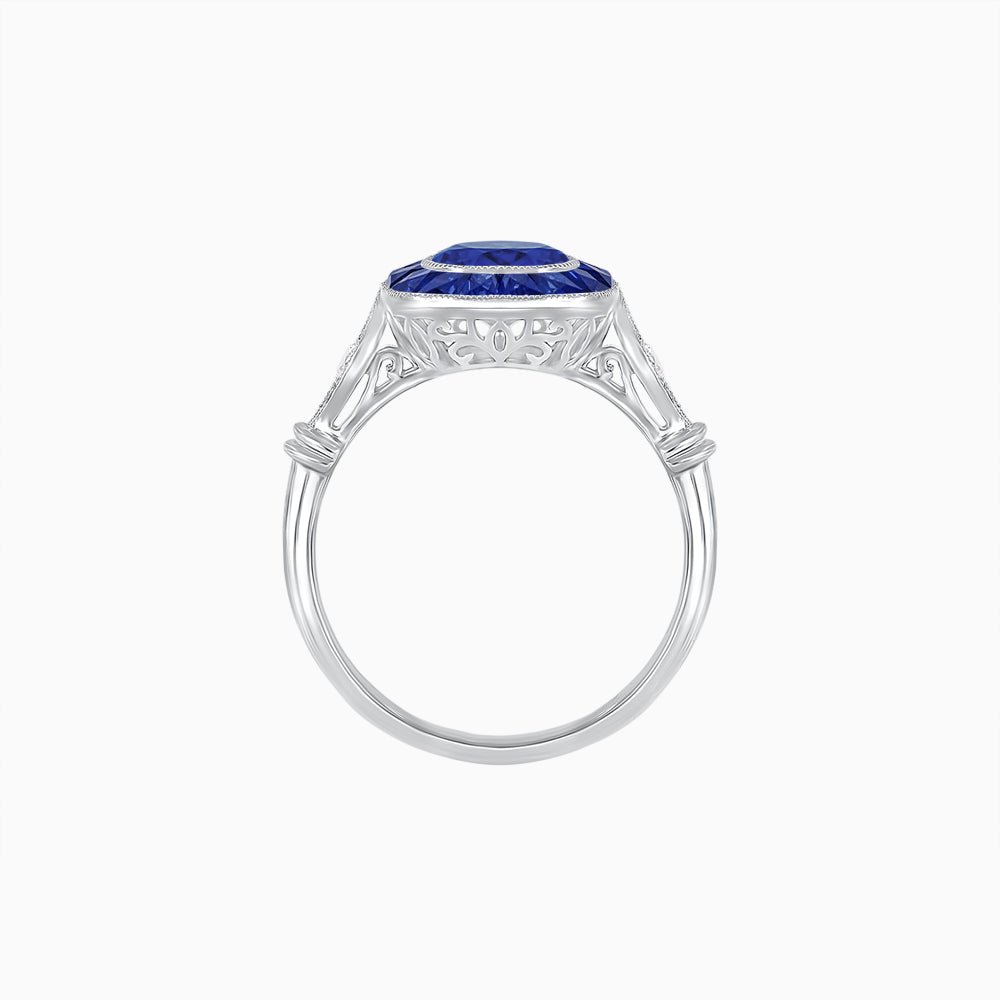 Delicate Art Deco Inspired Sapphire Target Halo Ring with Sculpted Shank - Shahin Jewelry
