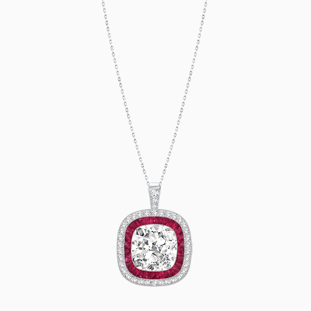 Double Halo Art Deco Style Convertible Ring Pendant with Cushion Cut Center Stone - Shahin Jewelry