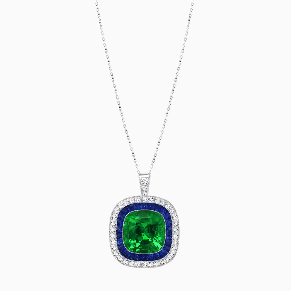 Double Halo Art Deco Style Convertible Ring Pendant with Cushion Cut Center Stone - Shahin Jewelry