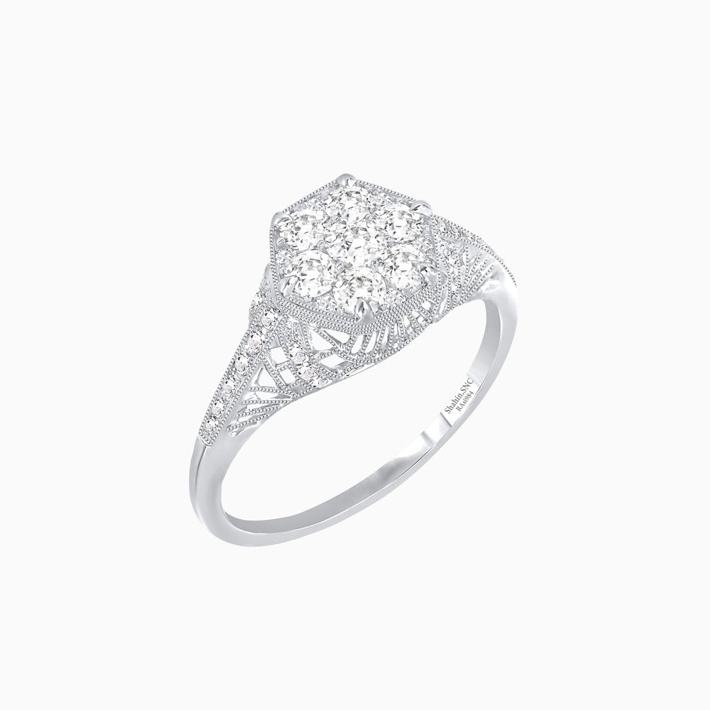 Edwardian Inspired Hexagonal Ring with Round Illusion-Set Diamonds - Shahin Jewelry