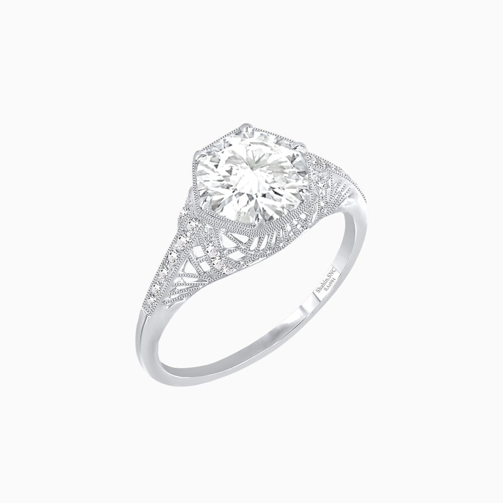 Edwardian Inspired Hexagonal Round Center Mounting Ring - Shahin Jewelry