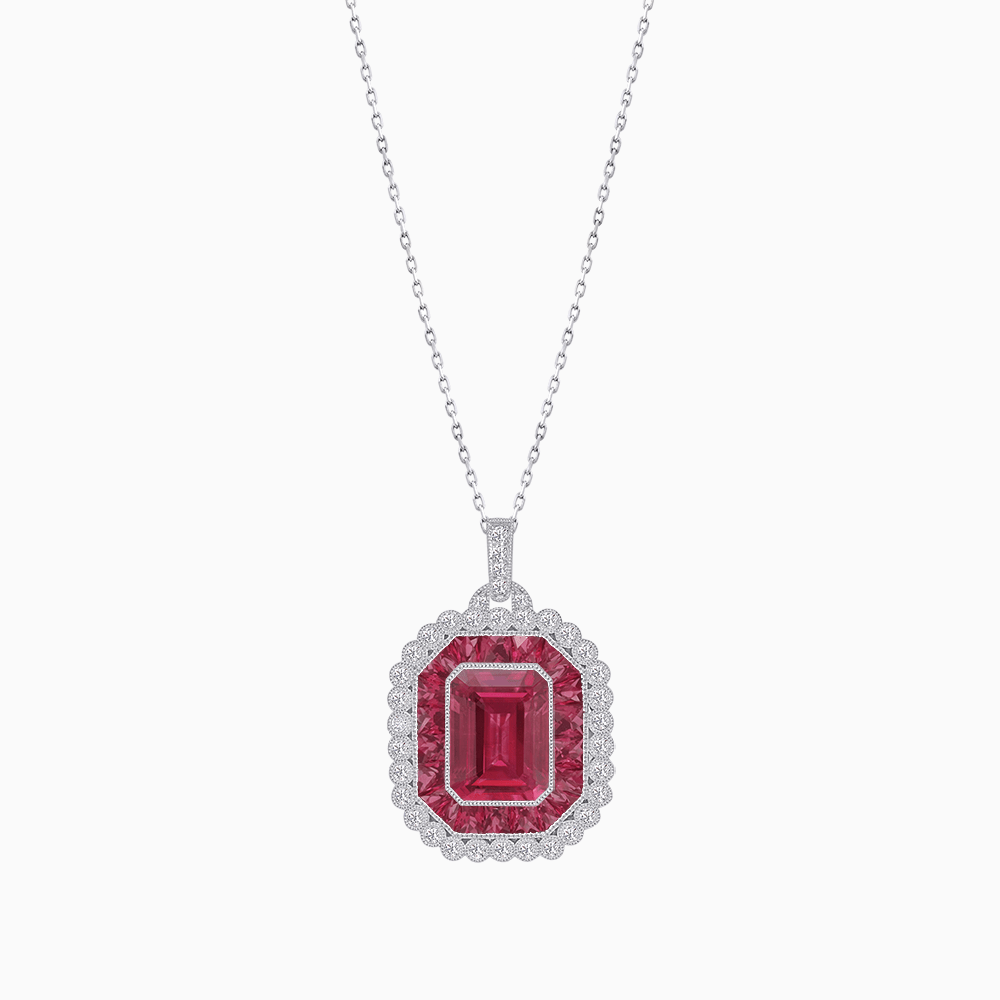 Emerald-Cut Art Deco Style Double Halo Mounting Pendant with Diamond and Gemstones - Shahin Jewelry