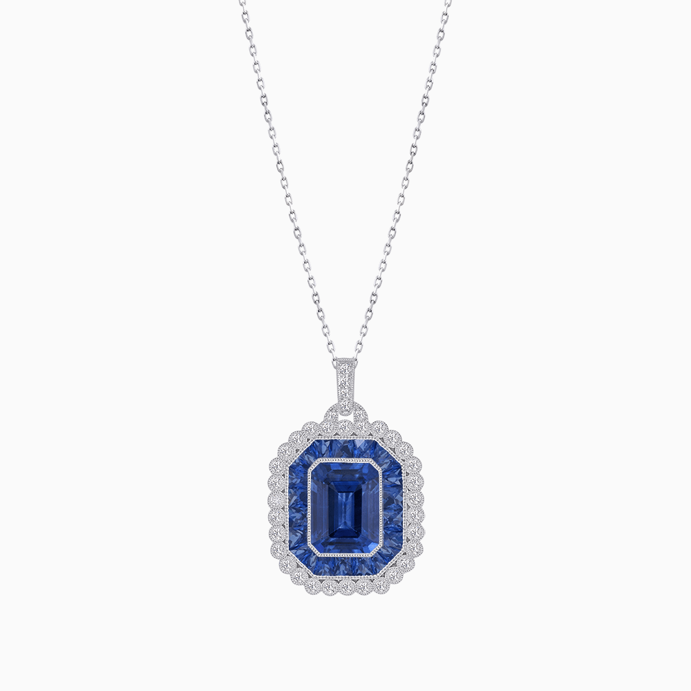 Emerald-Cut Art Deco Style Double Halo Mounting Pendant with Diamond and Gemstones - Shahin Jewelry