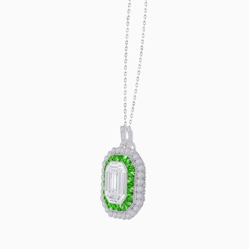 Emerald-Cut Art Deco Style Double Halo Mounting Pendant with Diamond and Gemstones - Shahin Jewelry