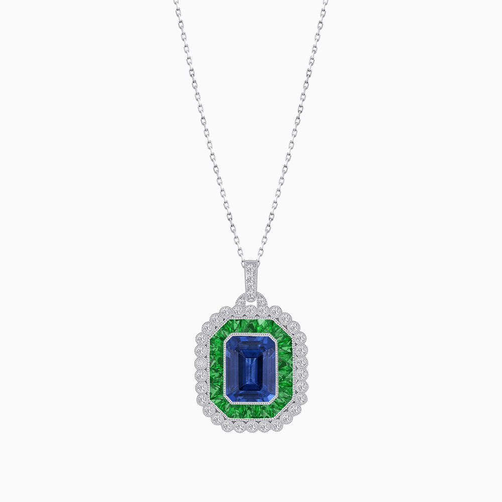 Emerald-Cut Art Deco Style Double Halo Mounting Pendant with Diamond and Gemstones - Shahin Jewelry