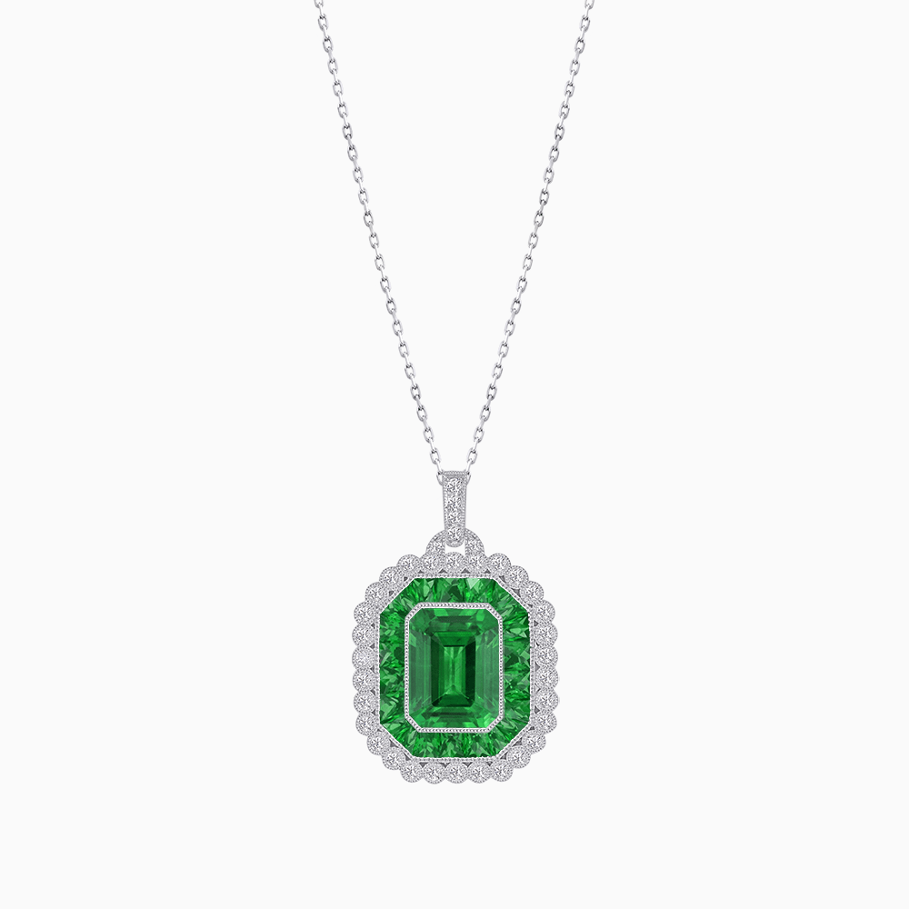 Emerald-Cut Art Deco Style Double Halo Mounting Pendant with Diamond and Gemstones - Shahin Jewelry