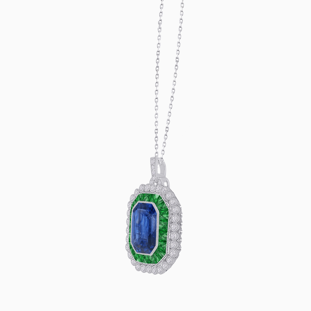 Emerald-Cut Art Deco Style Double Halo Mounting Pendant with Diamond and Gemstones - Shahin Jewelry