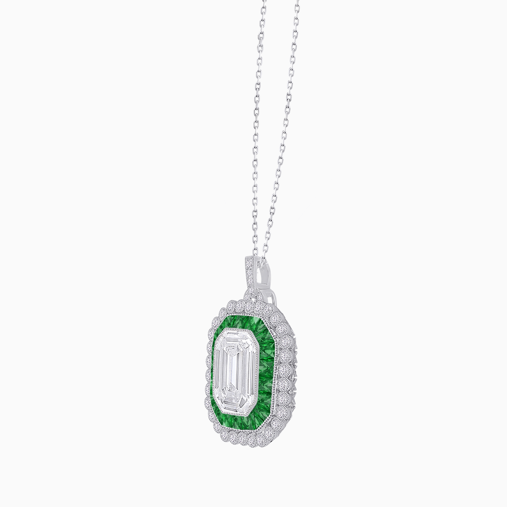 Emerald-Cut Art Deco Style Double Halo Mounting Pendant with Diamond and Gemstones - Shahin Jewelry