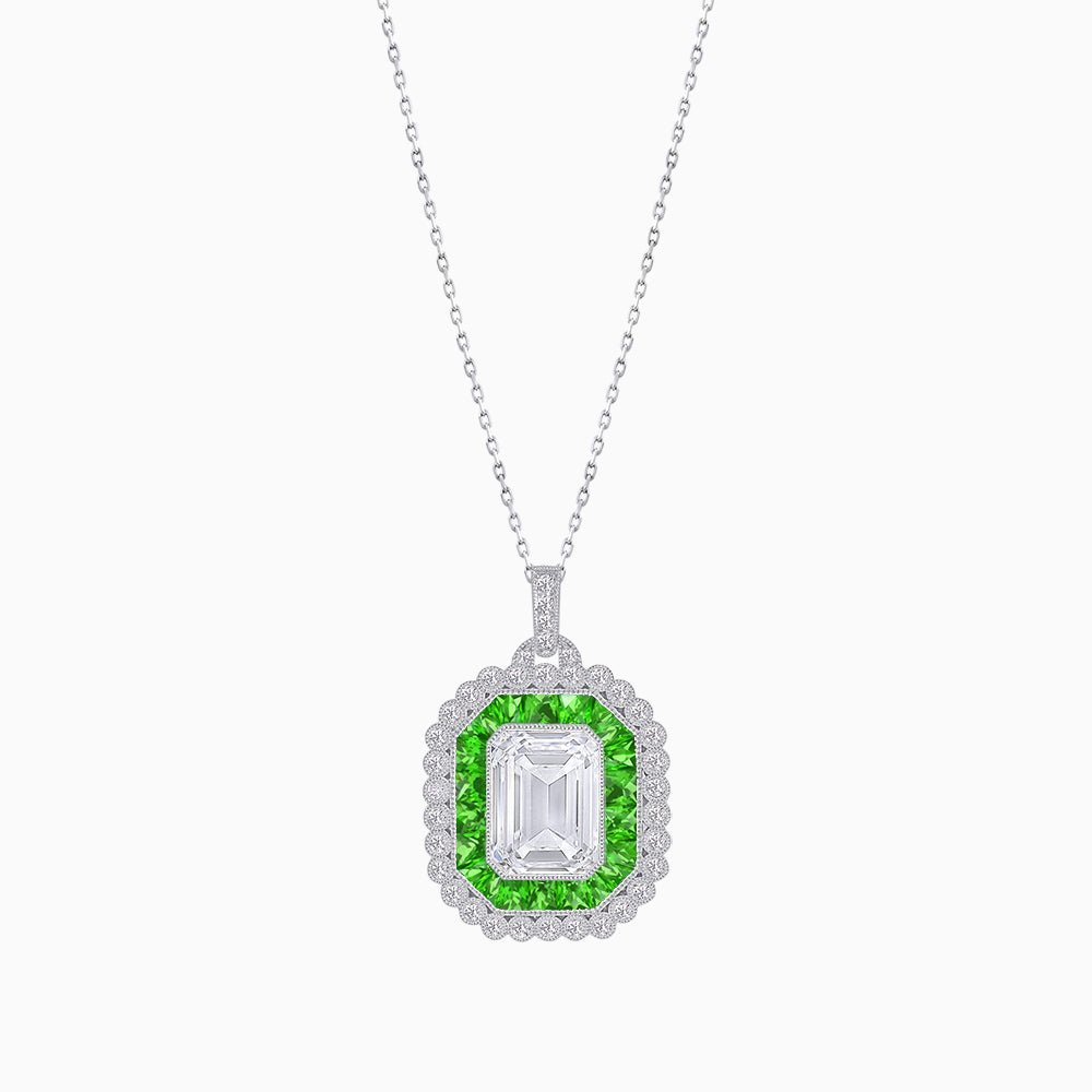 Emerald-Cut Art Deco Style Double Halo Mounting Pendant with Diamond and Gemstones - Shahin Jewelry
