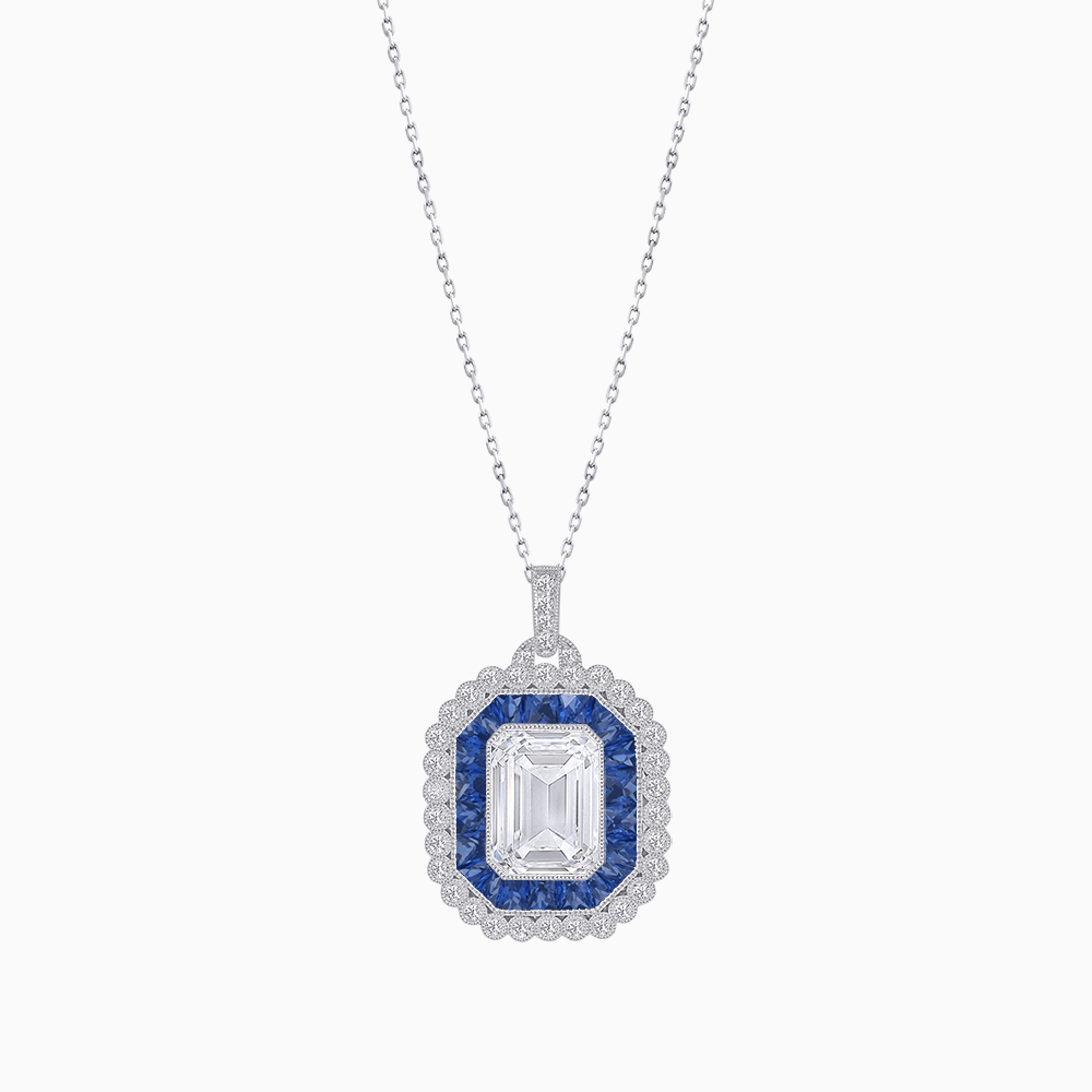 Emerald-Cut Art Deco Style Double Halo Mounting Pendant with Diamond and Gemstones - Shahin Jewelry