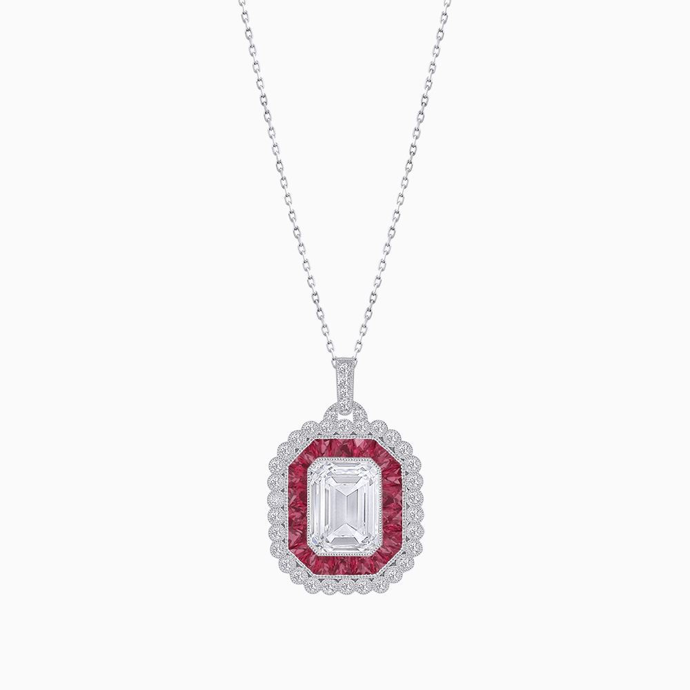 Emerald-Cut Art Deco Style Double Halo Mounting Pendant with Diamond and Gemstones - Shahin Jewelry