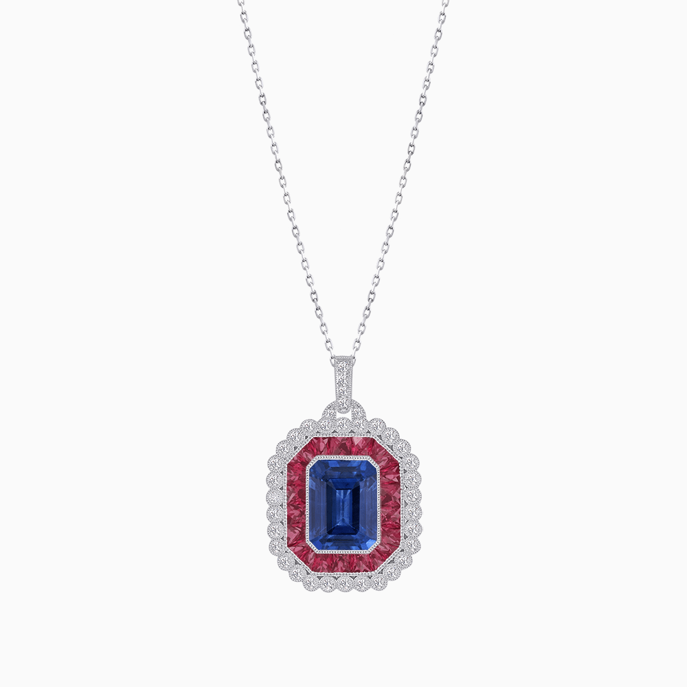Emerald-Cut Art Deco Style Double Halo Mounting Pendant with Diamond and Gemstones - Shahin Jewelry