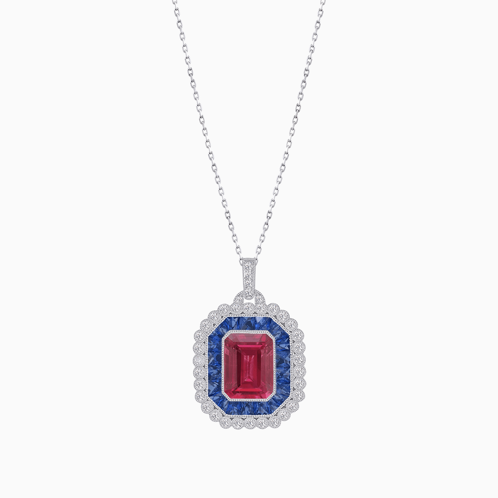 Emerald-Cut Art Deco Style Double Halo Mounting Pendant with Diamond and Gemstones - Shahin Jewelry