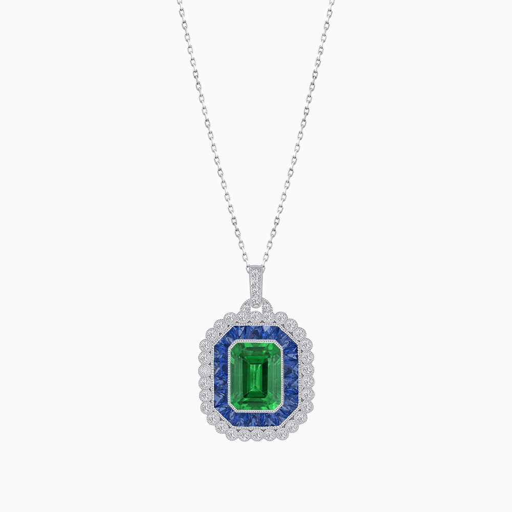 Emerald-Cut Art Deco Style Double Halo Mounting Pendant with Diamond and Gemstones - Shahin Jewelry