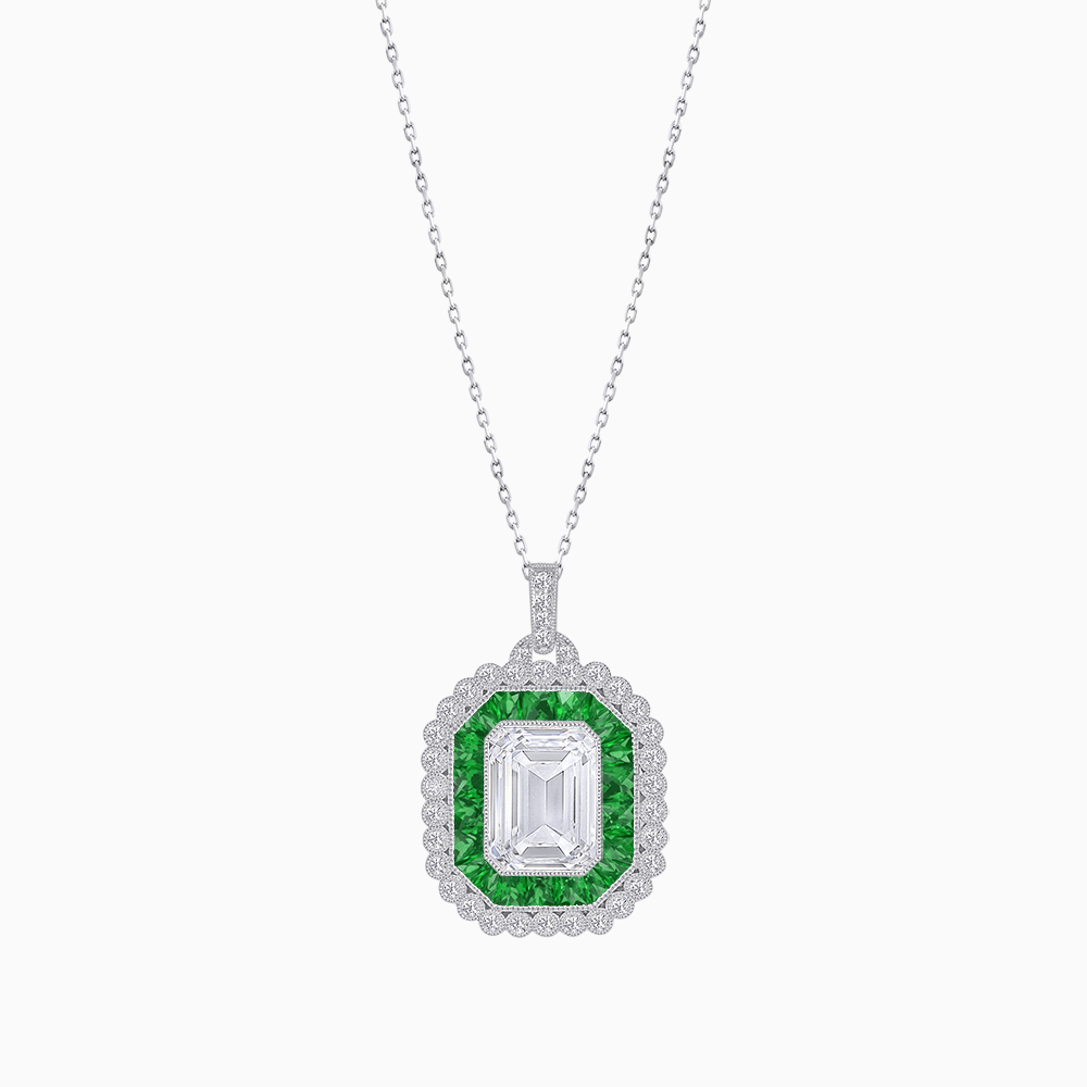 Emerald-Cut Art Deco Style Double Halo Mounting Pendant with Diamond and Gemstones - Shahin Jewelry